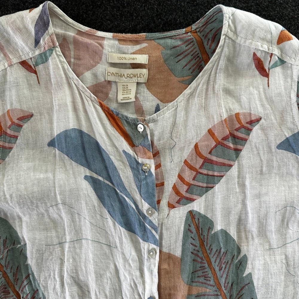 Cynthia Rowley 100% Linen Tropical Leaf Print Button Front Blouse Top Womens 2X